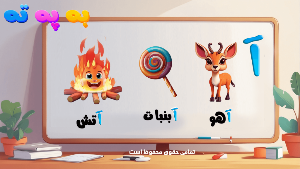 آموزش حرف آ کلاه دار با مثال آب و آبنبات و آتش